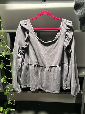 Mineral Wash Ruffled Long-Sleeve Babydoll Top - Gray